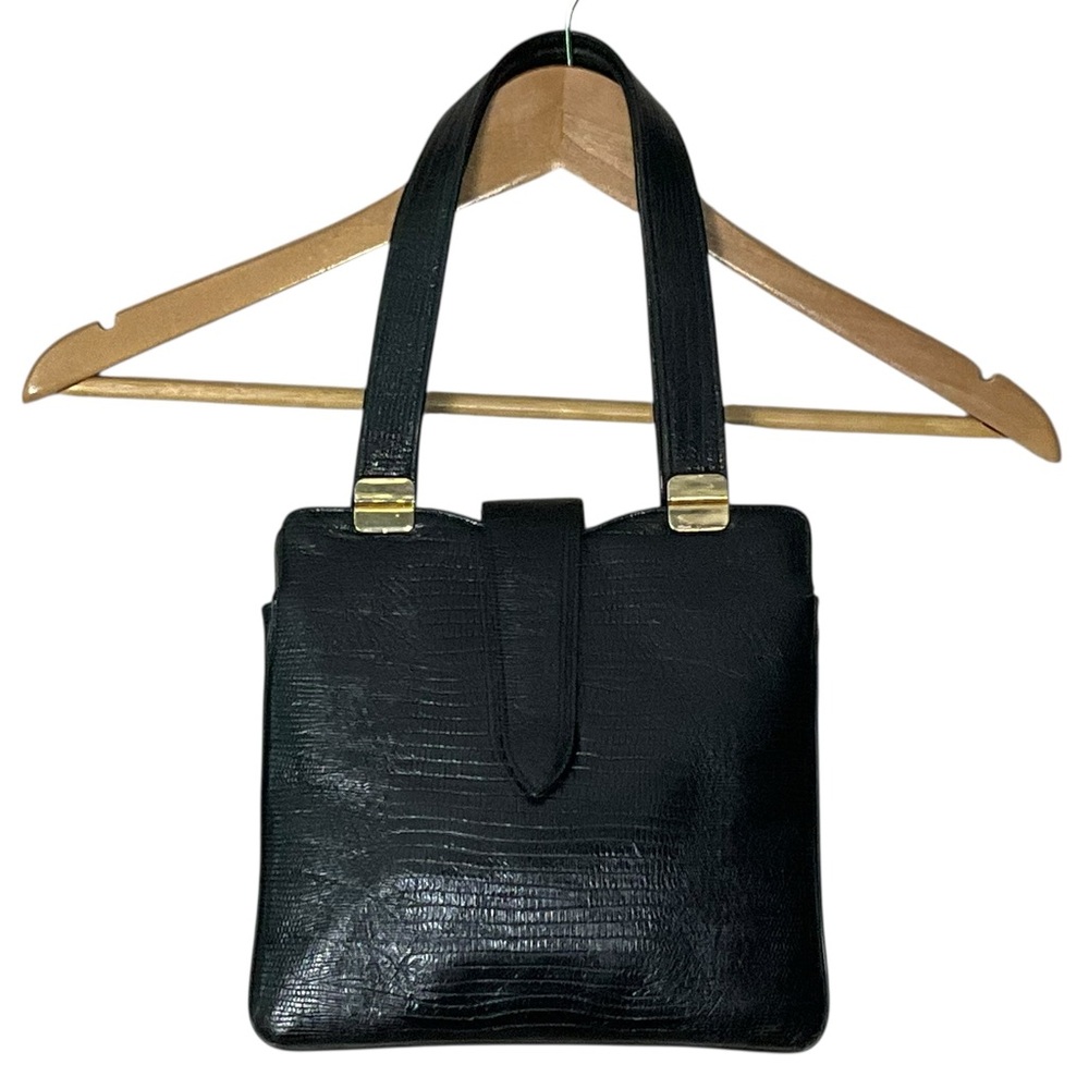VINTAGE Unbranded Satchel Purse Faux Leather Croc Look Snap Closure Black Gold